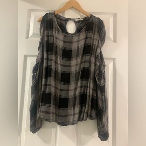 Black and grey plaid cold shoulder top